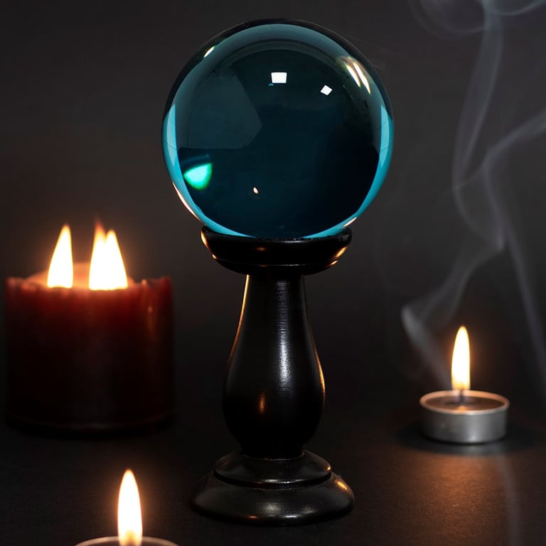 Teal Crystal Ball on Black Wooden Stand - Divination Tool & Decorative Accent