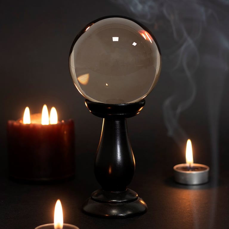 Smoke Grey Crystal Ball on Black Wooden Stand - Fortune Telling and Home Decor