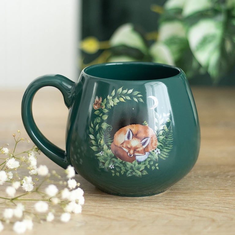 Green Sleeping Fox Ceramic Mug - 500ml Capacity, Hand Wash Only, Nature Lover Gift