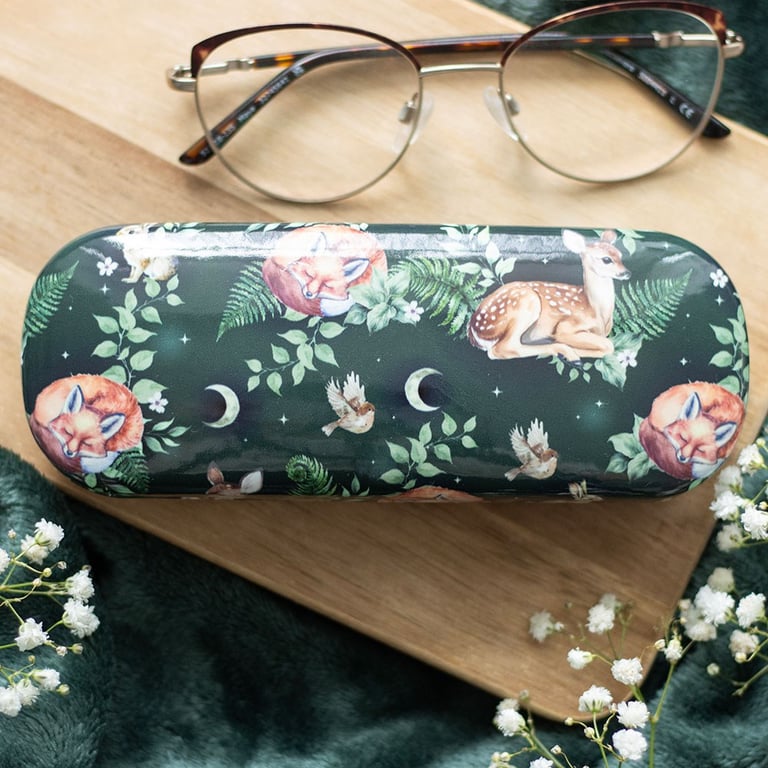 Fawn and Friends Forest Animal Print Travel Glasses Case with Microfiber Cleaning Cloth