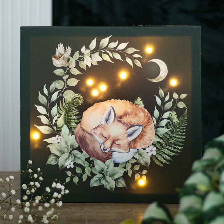Sleeping Fox LED Light Up Canvas Plaque - Cozy Forest Wall Art for Bedrooms and Nurseries