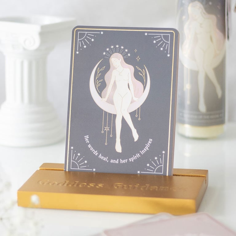 Goddess Energy Affirmation Cards with Wooden Stand - Empower Your Daily Routine with Motivational Messages and Feminine Empowerment.