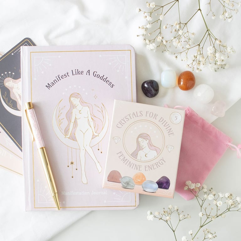 Goddess Energy Manifestation Journal and Rose Quartz Crystal Pen - Unlock Your Divine Power