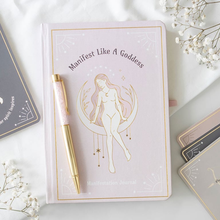 Goddess Energy Manifestation Journal and Rose Quartz Crystal Pen - Unlock Your Divine Power