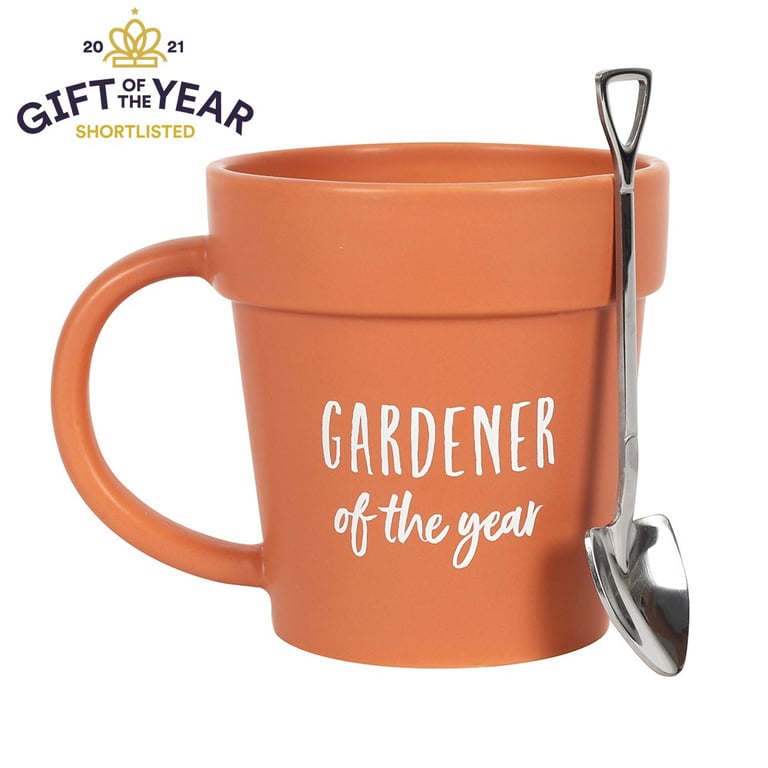 Gardener of the Year Terracotta Plant Pot Mug Set with Shovel Spoon