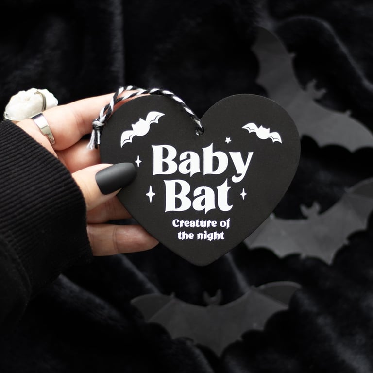 Gothic Baby Bat Hanging Heart Sign - Creature of the Night Keepsake
