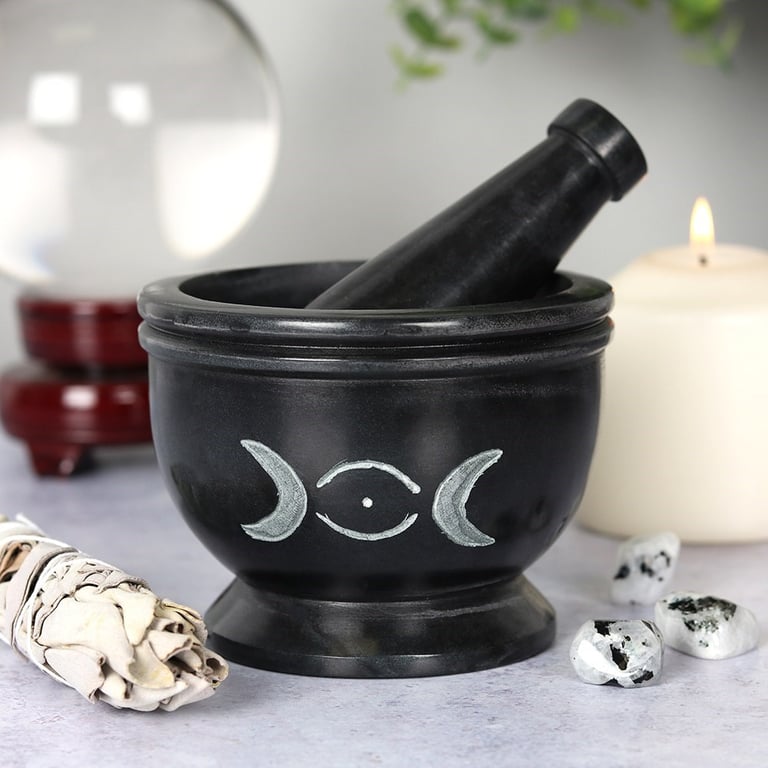 Soap Stone Triple Moon Pestle and Mortar - Sacred Ritual Herbal Grinding Tool
