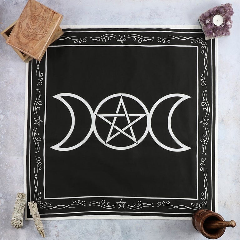 70x70cm Triple Moon Altar Cloth - Cotton Altar Mat with Triple Goddess Pentagram Design