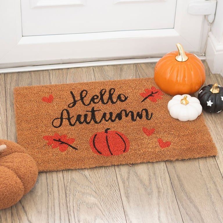 Natural Hello Autumn Coir Doormat - Indoor, Weather Resistant Mat with Leaf and Pumpkin Design