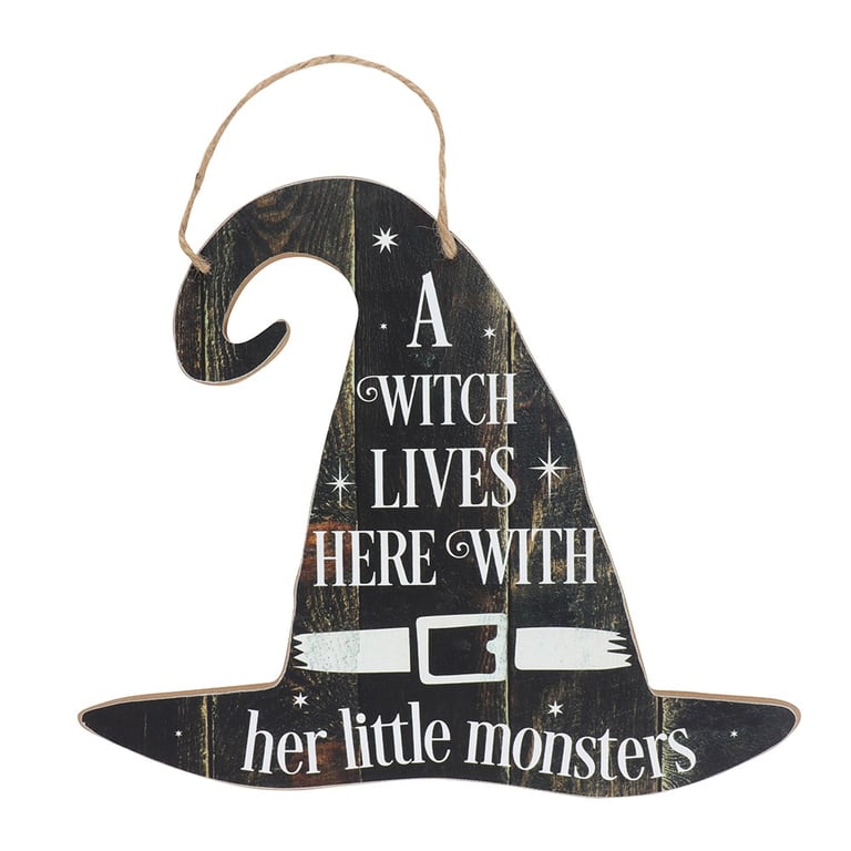 Witch Lives Here Hanging MDF Sign - Spooky Home Decor Halloween Decoration