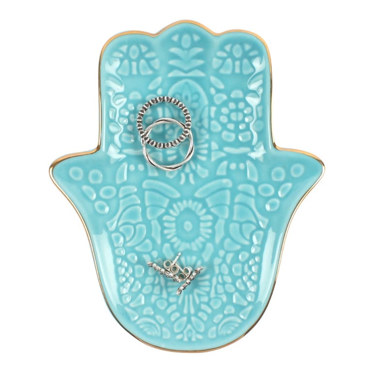 Turquoise Hamsa Hand Ceramic Jewellery Dish with Gold Edge and Intricate Pattern