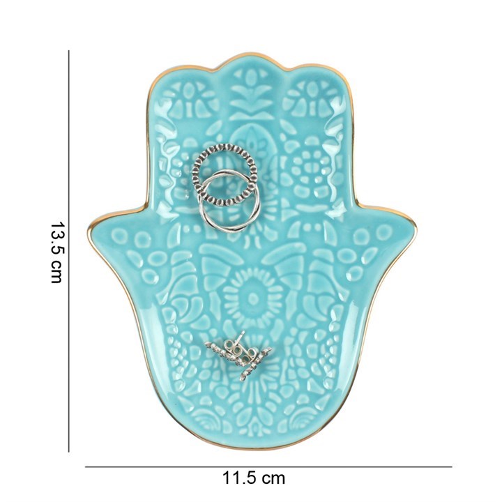 Turquoise Hamsa Hand Ceramic Jewellery Dish with Gold Edge and Intricate Pattern