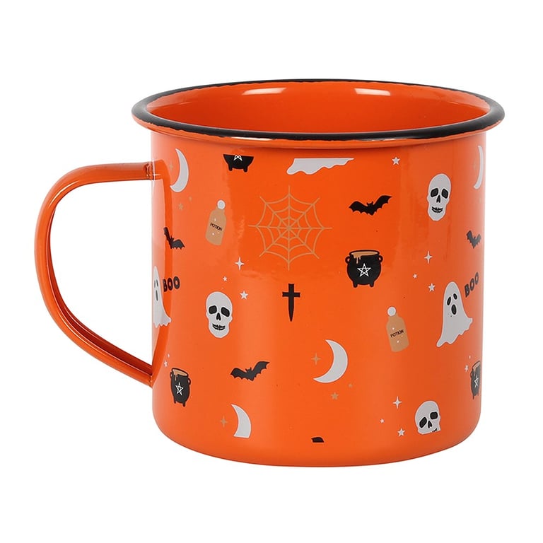 Halloween Enamel Mug - Fun Witch Design, Microwave Safe, Pumpkin Spice Latte Perfect