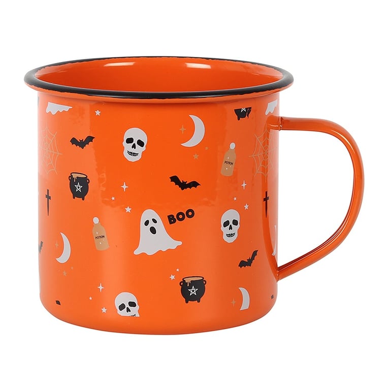 Halloween Enamel Mug - Fun Witch Design, Microwave Safe, Pumpkin Spice Latte Perfect