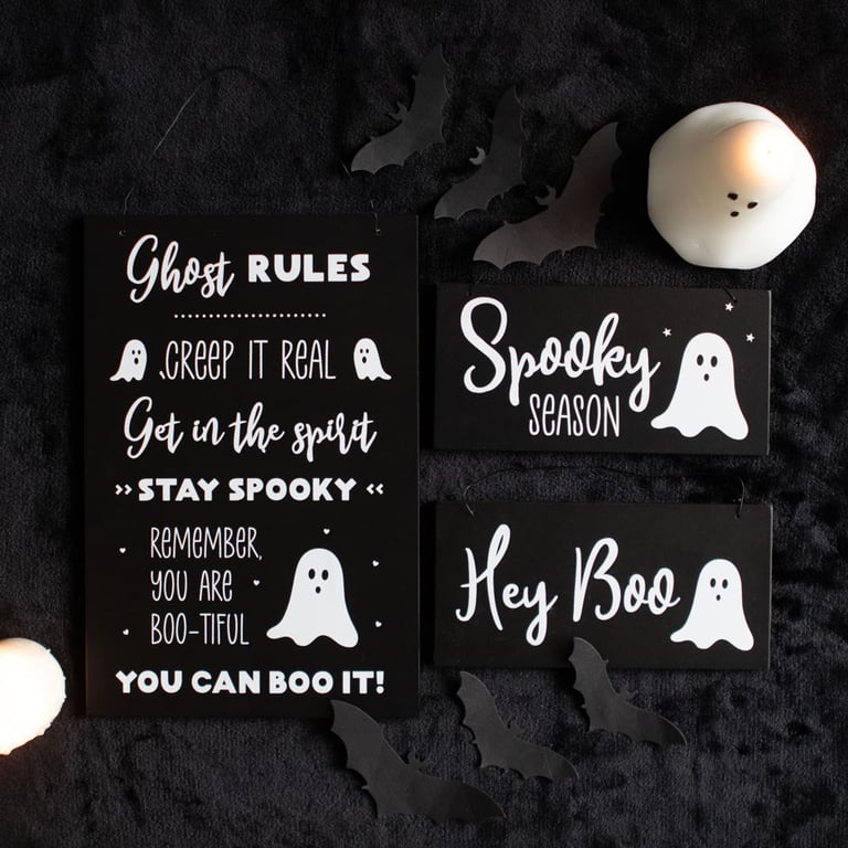 Spooky Season Hanging Sign - Friendly Ghost Graphic Decoration for Home and Halloween Season