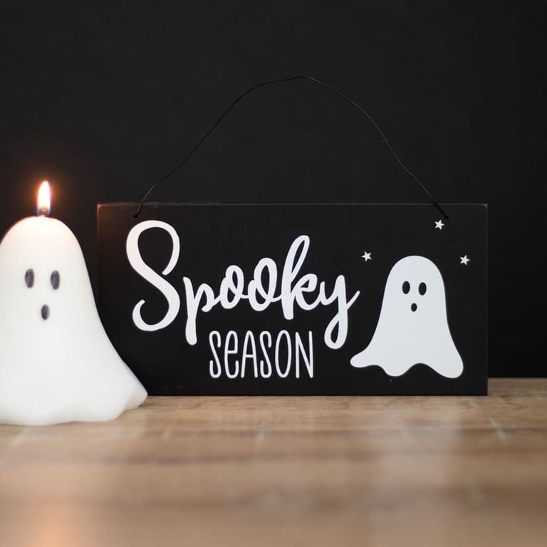 Spooky Season Hanging Sign - Friendly Ghost Graphic Decoration for Home and Halloween Season