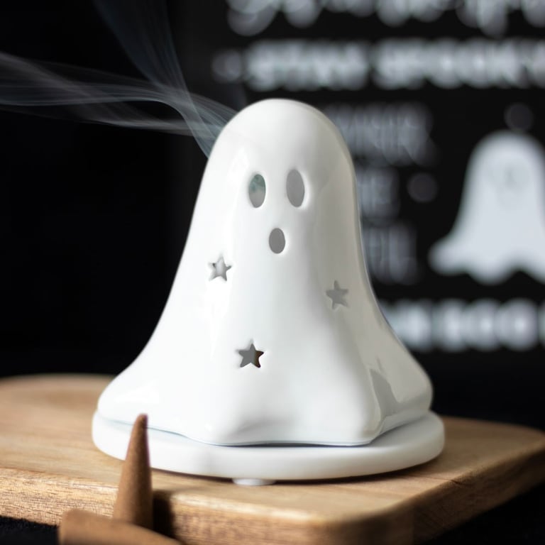 Ceramic Ghost Tealight and Incense Cone Holder - Dual-Purpose Halloween Decor