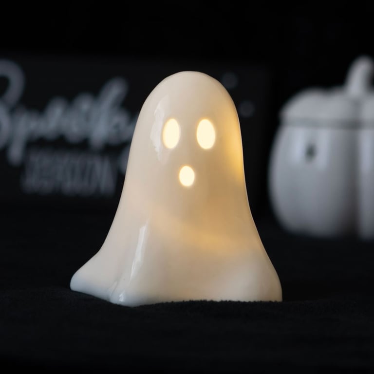 Ceramic Light Up LED Ghost - Battery Powered Halloween Decor with On/Off Switch