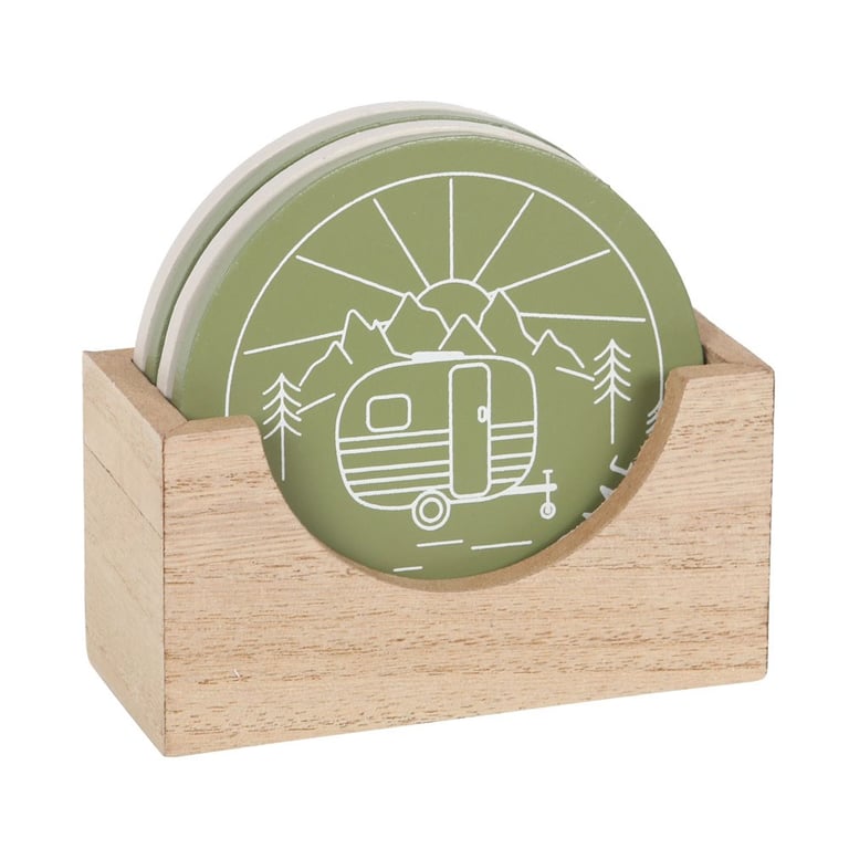 Happy Camper Coaster Set - Retro Campervan Hanging Flag Home Decor