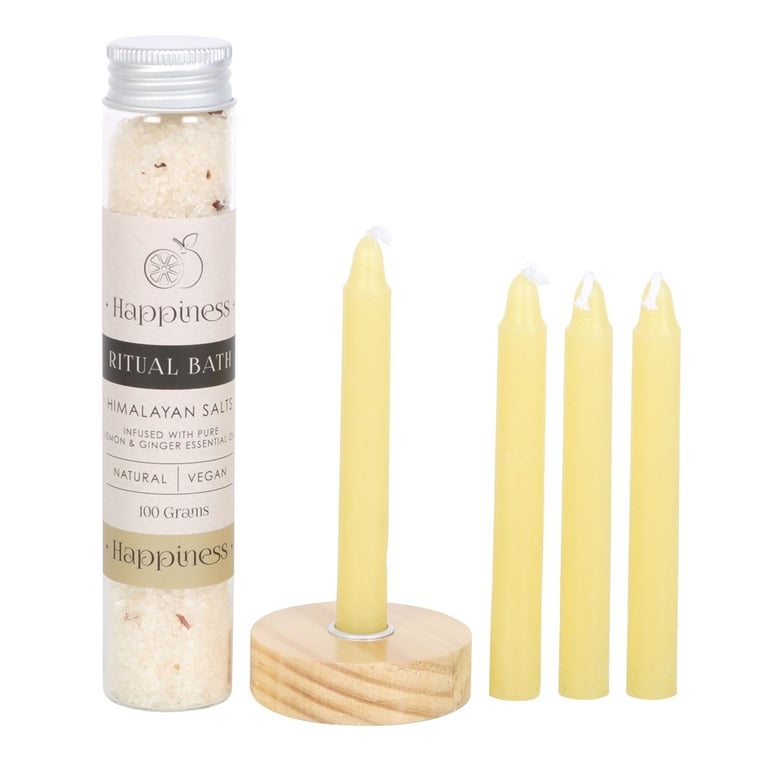Happiness Ritual Bath Kit - Himalayan Salt & Lemon Ginger Essential Oil Bath Salts with Spell Candles