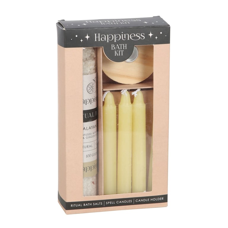 Happiness Ritual Bath Kit - Himalayan Salt & Lemon Ginger Essential Oil Bath Salts with Spell Candles