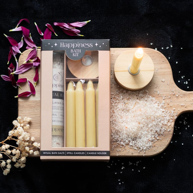 Happiness Ritual Bath Kit - Himalayan Salt & Lemon Ginger Essential Oil Bath Salts with Spell Candles