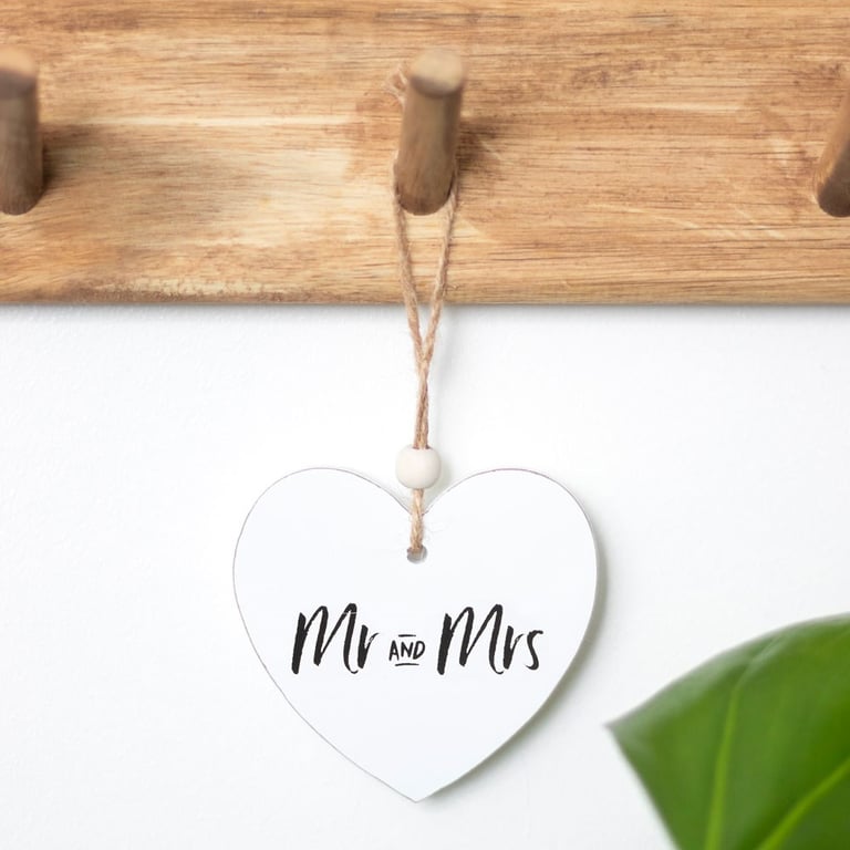 Mr and Mrs Hanging Heart Sign - Wooden Home Decor Gift