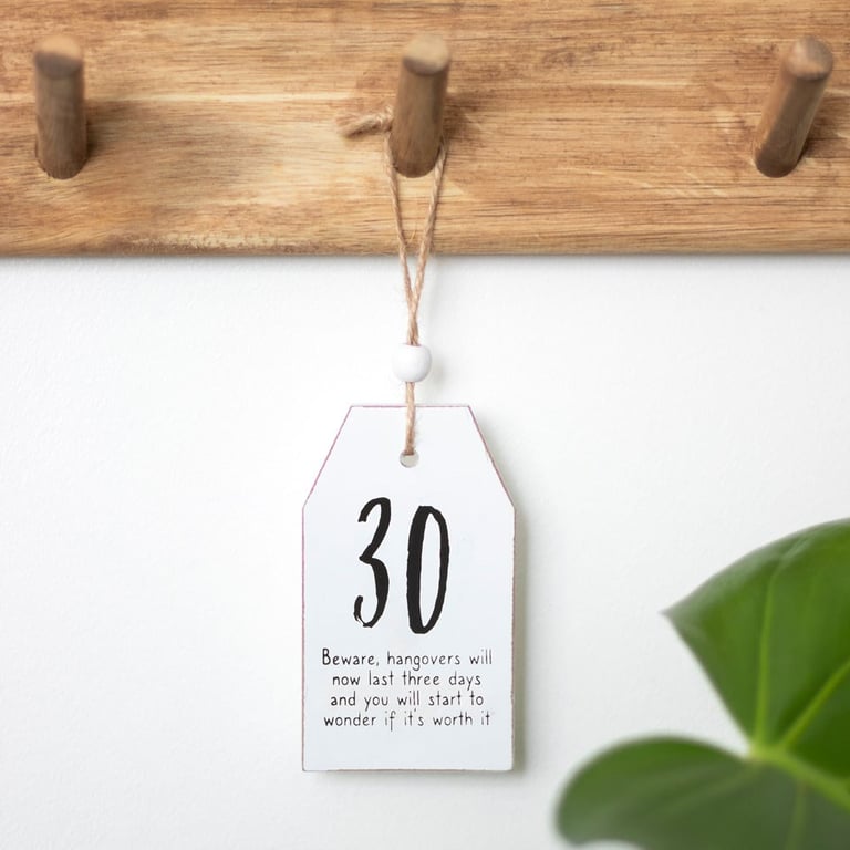 30th Birthday Milestone Hanging Sentiment Sign - White Wooden Tag Decoration with Hangover Warning