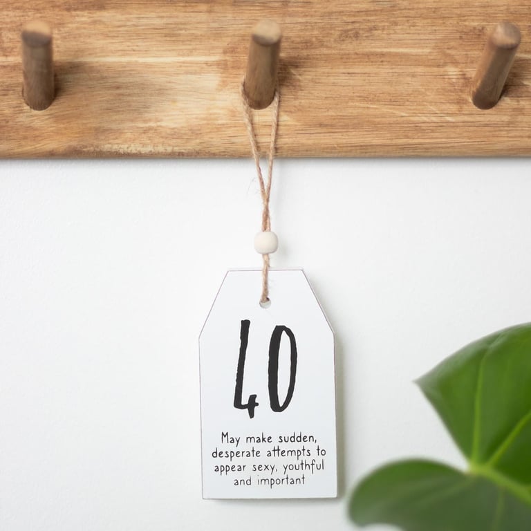 40 Milestone Birthday Hanging Sentiment Sign - White Wooden Tag Decoration with Age Joke Message