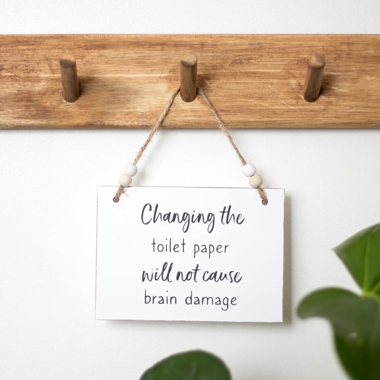 White Wooden Toilet Paper Sign - Humorous Home Decor with Twine Hanger