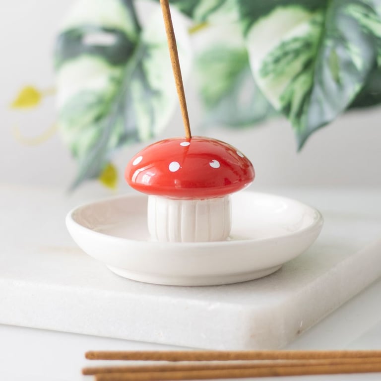 Ceramic Red Mushroom Incense Holder - Side Table Decor and Nightstand Decoration