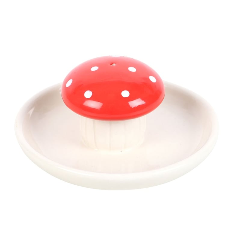 Ceramic Red Mushroom Incense Holder - Side Table Decor and Nightstand Decoration