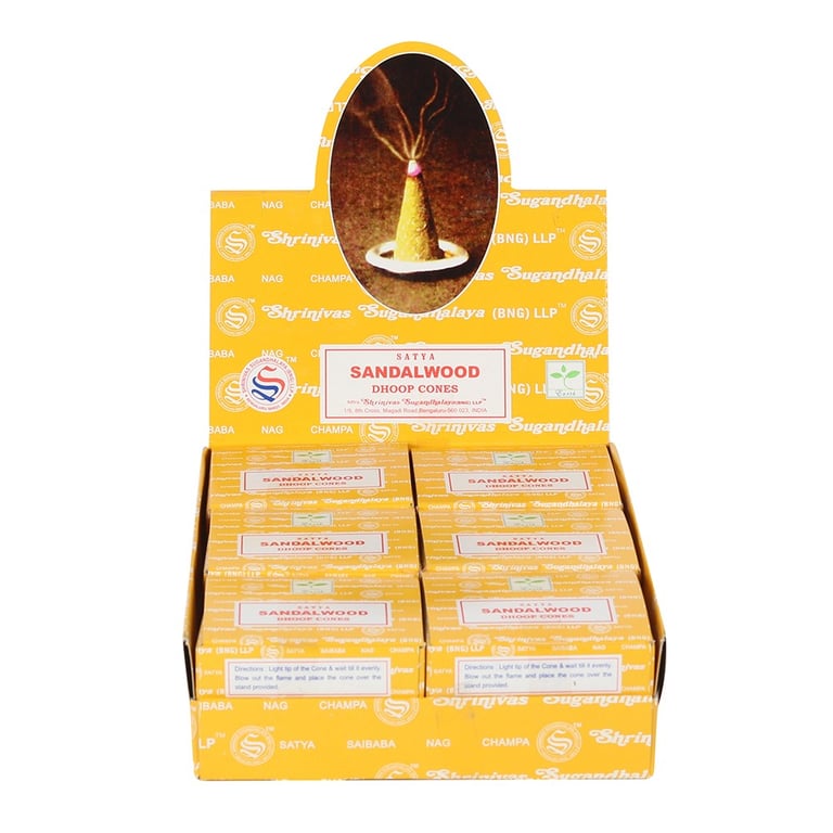 Satya Sandalwood Dhoop Cones - Longlasting Home Fragrance (12 Pack)