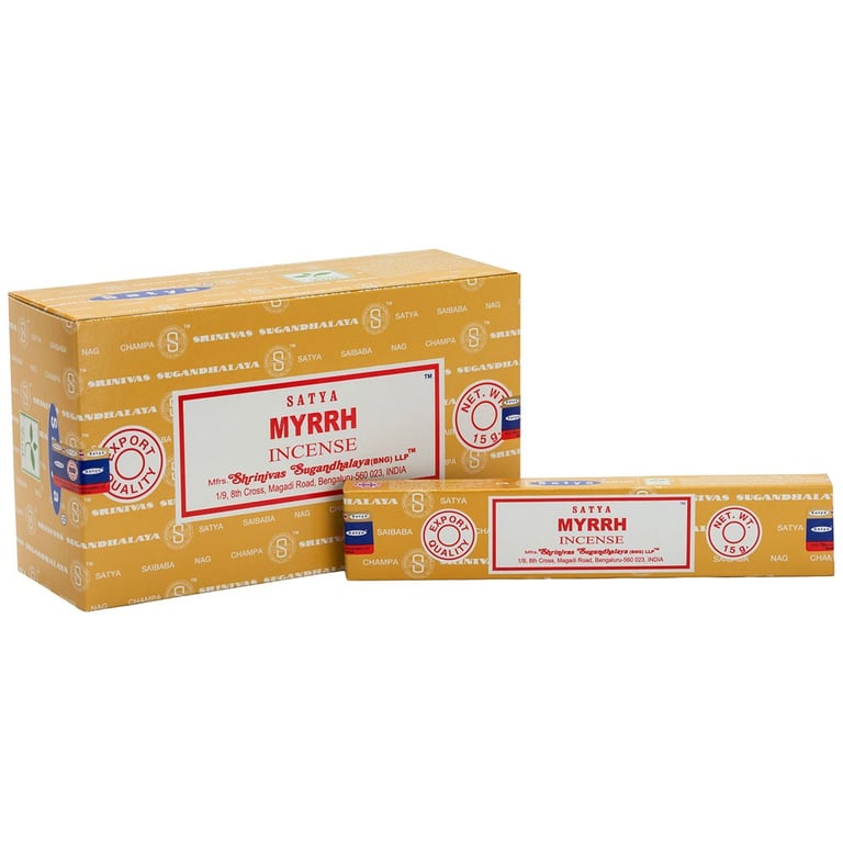 Satya Myrrh Incense Sticks - 12 Packets of Artisanal, Vegan Woody Scent Incense