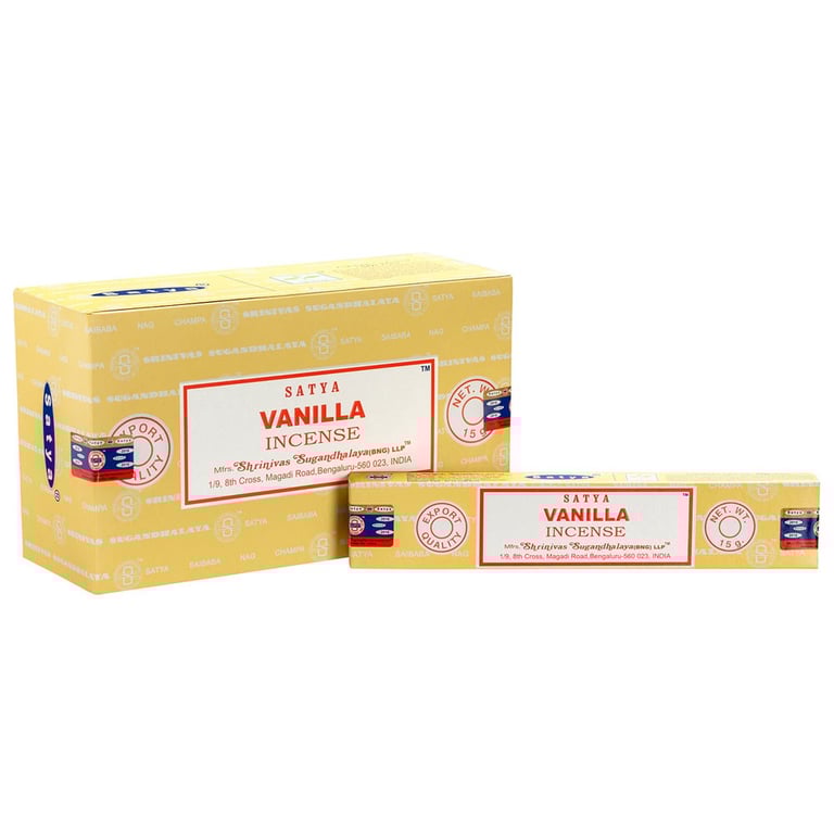 Satya Vanilla Incense Sticks - Handmade, Vegan Friendly, 12 Pack, Mood Brightening