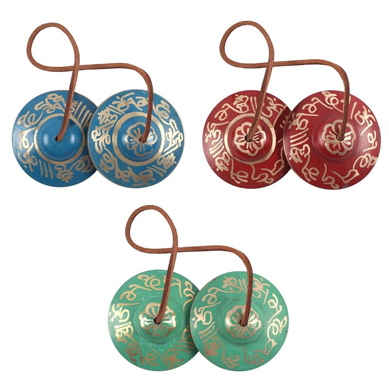 Tibetan Tingsha Set - Pair of Prayer Bells in a Material Pouch Bag