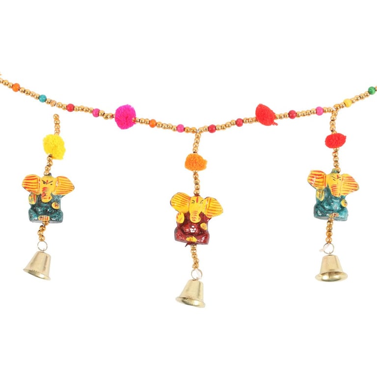 Hanging Wooden Ganesh Garland with Beads and Bells - Spiritual Home Decor Decoration