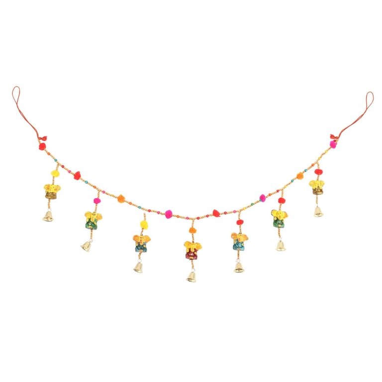 Hanging Wooden Ganesh Garland with Beads and Bells - Spiritual Home Decor Decoration