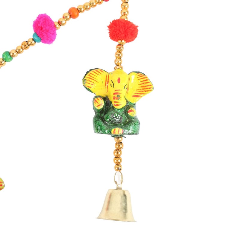 Hanging Wooden Ganesh Garland with Beads and Bells - Spiritual Home Decor Decoration