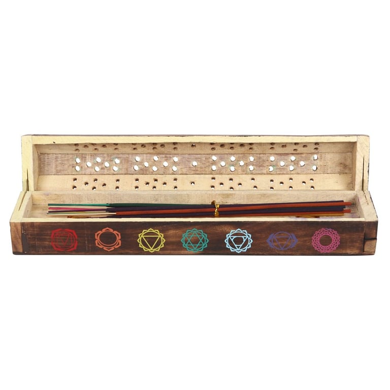 Chakra Wooden Incense Box Set - 10 Mixed Fragrance Sticks & Chakra Symbols Holder