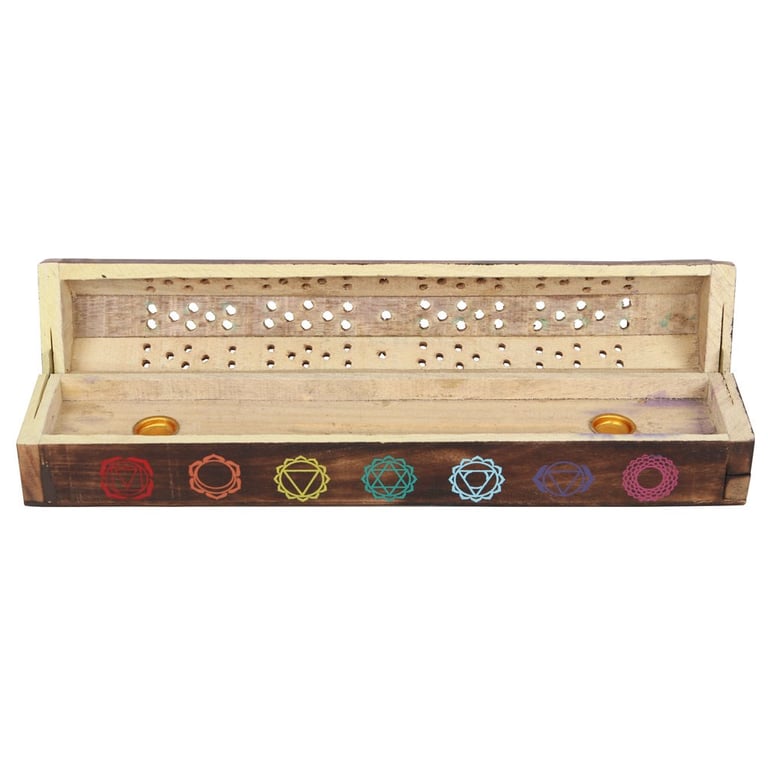 Chakra Wooden Incense Box Set - 10 Mixed Fragrance Sticks & Chakra Symbols Holder