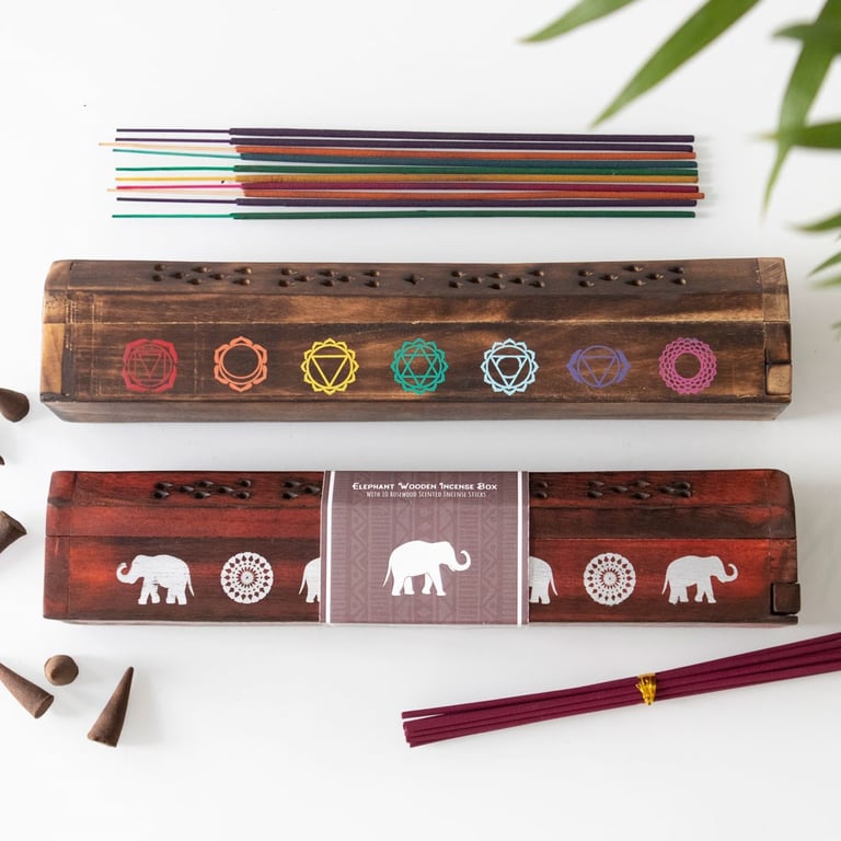 Chakra Wooden Incense Box Set - 10 Mixed Fragrance Sticks & Chakra Symbols Holder