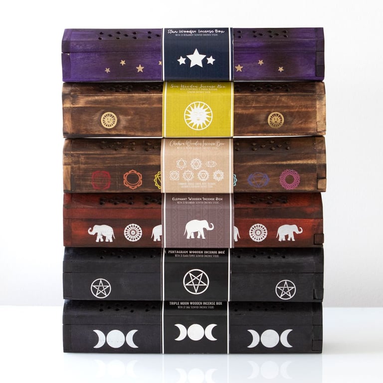 Chakra Wooden Incense Box Set - 10 Mixed Fragrance Sticks & Chakra Symbols Holder