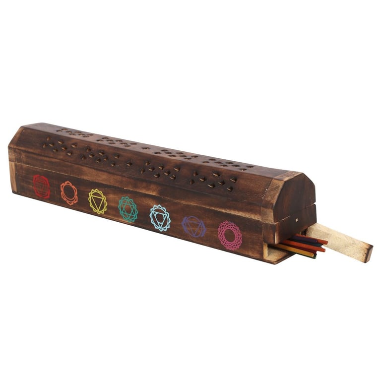 Chakra Wooden Incense Box Set - 10 Mixed Fragrance Sticks & Chakra Symbols Holder