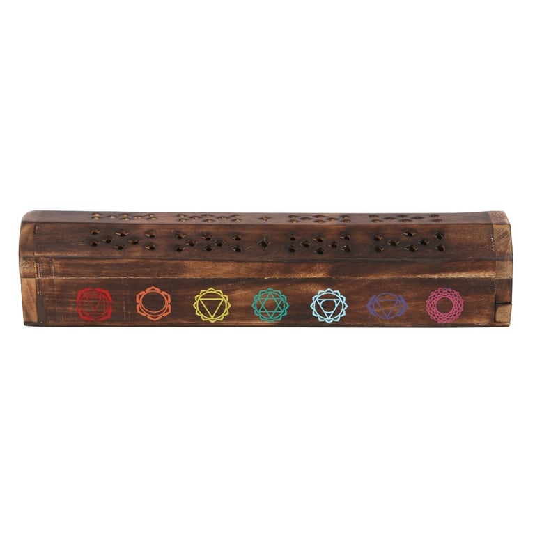 Chakra Wooden Incense Box Set - 10 Mixed Fragrance Sticks & Chakra Symbols Holder