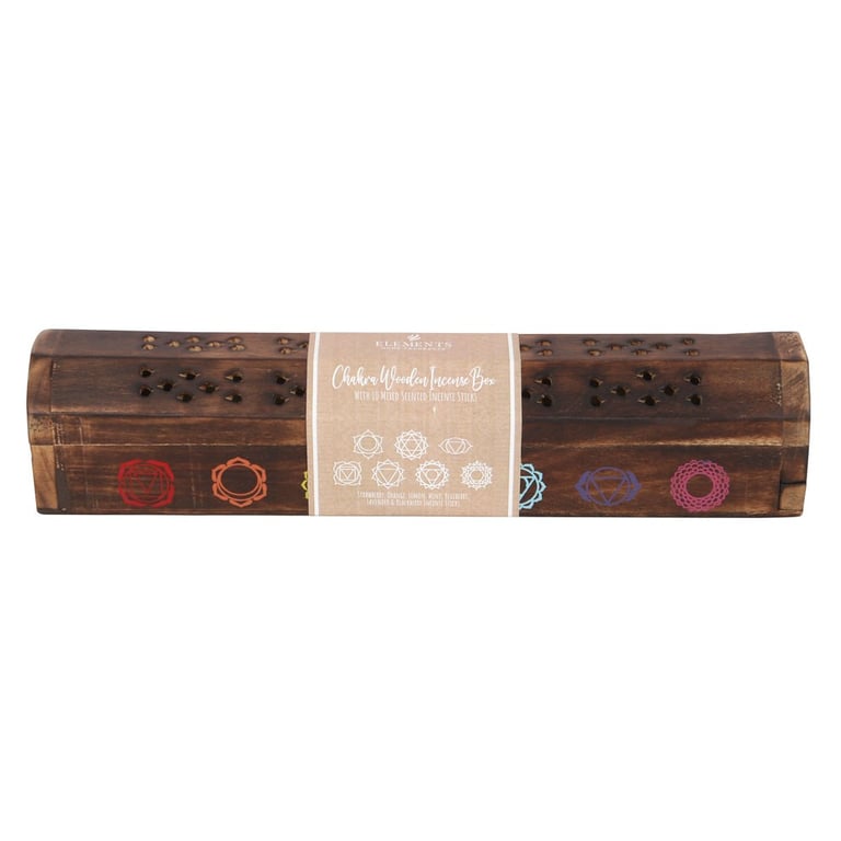 Chakra Wooden Incense Box Set - 10 Mixed Fragrance Sticks & Chakra Symbols Holder