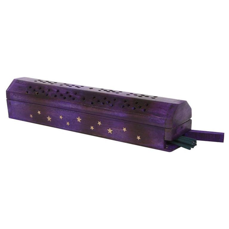 Star Wooden Bergamot Incense Box Set - 10 Fragranced Sticks in Mango Wood Storage Holder with Golden Stars