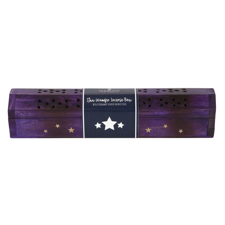 Star Wooden Bergamot Incense Box Set - 10 Fragranced Sticks in Mango Wood Storage Holder with Golden Stars