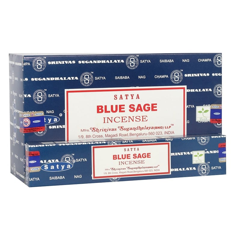 Satya Blue Sage Incense Sticks - Handrolled, Organic, Artisanal - 12 Packs of 10-12 Sticks Each