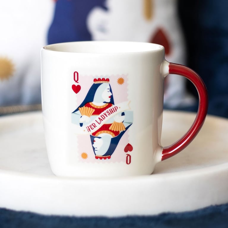 Her Ladyship Playing Card Mug - Elegant White Tea Cup with Regal Queen Design